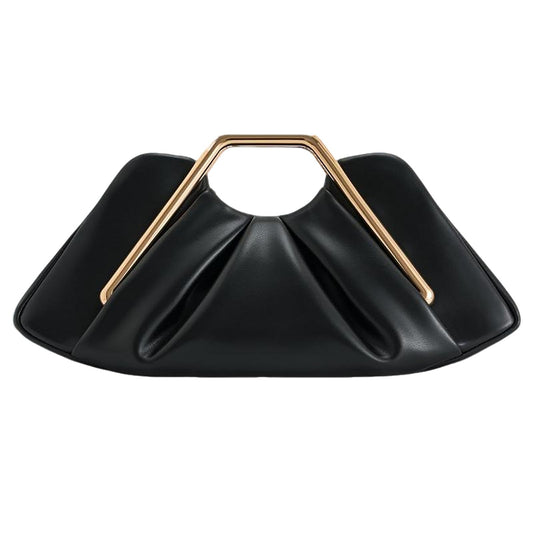 Women's Pleated Metal Frame Clutch Elegant Cloud-Shaped Leather Handbag Fashion Mini Evening Purses With Magnetic Snap (Black)
