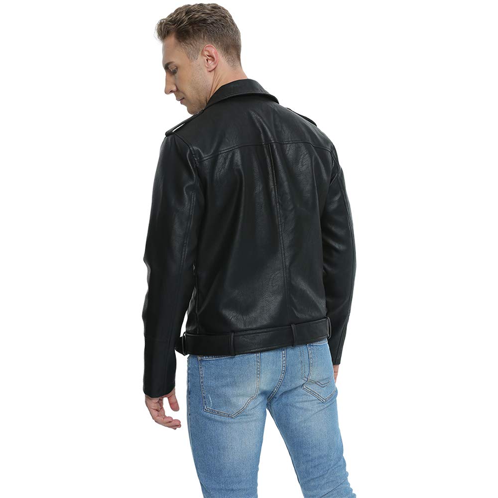 Fahsyee Leather Jackets for Men, Faux Bomber Jacket Mens Motorcycle Lapel Asymmetric Zip-Up Belt Slim Fit Biker Coat Black XXL