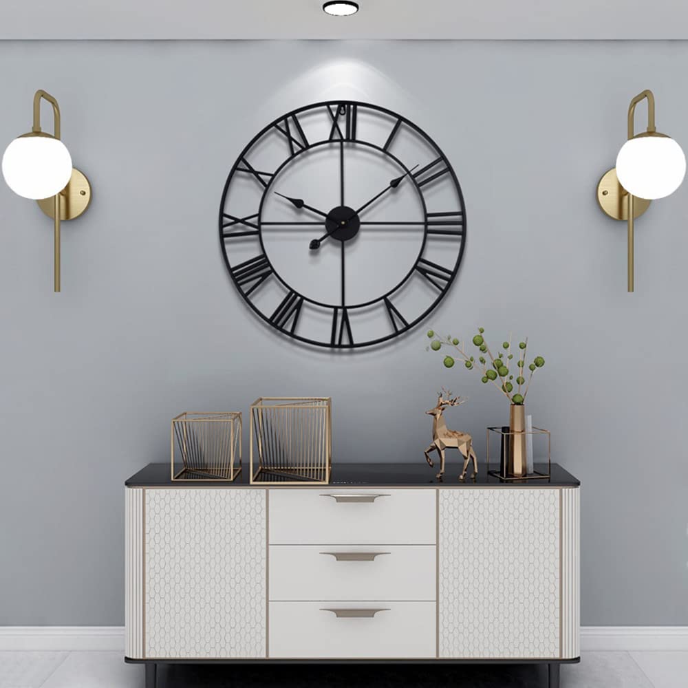 LEIKE Large Wall Clock, 24" Completely Silent, Non Ticking, Battery-Operated,Rustic Round Modern Metal Wall Clock Decor for Living Room, Bedroom and Kitchen, (60cm, Black-Roman Number)
