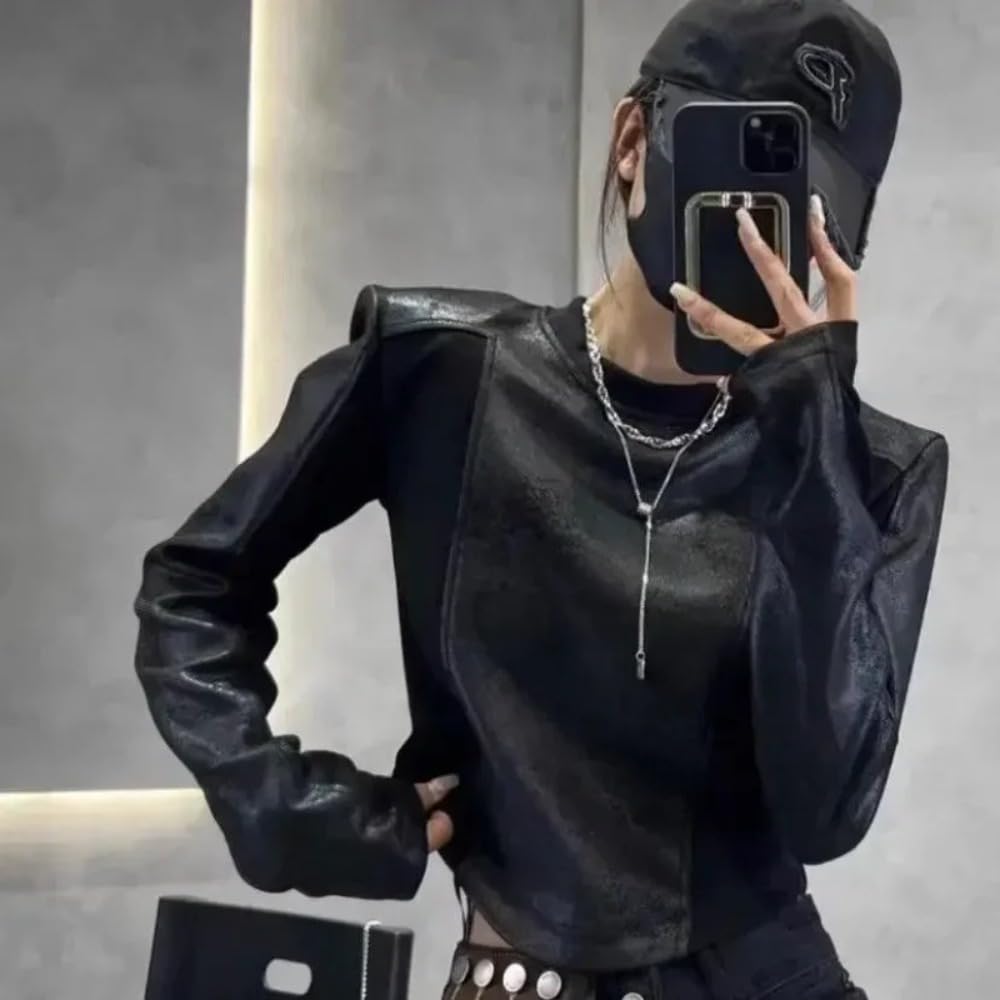 Y2K Retro Style Leather Jacket Long Sleeved T-Shirt Women's Fashion Patchwork Design Sense Short top (Black,Medium)