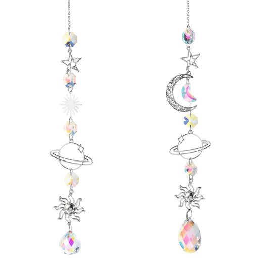 2PCS Moon & Star & Sun Rear View Mirror Car Charm, Crystal Sun Catchers Pendant, Healing Crystals Stones, 13.4in Moon Star Planet Boho Hanging Ornaments for Home & Car Decor