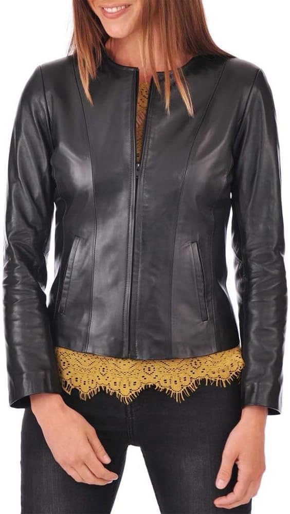 Desired Jackets Womens Leather Jacket - Real Lambskin Cafe Racer Style Leather Jackets For Women (US, Alpha, 4X-Large, Regular, Regular, Black)