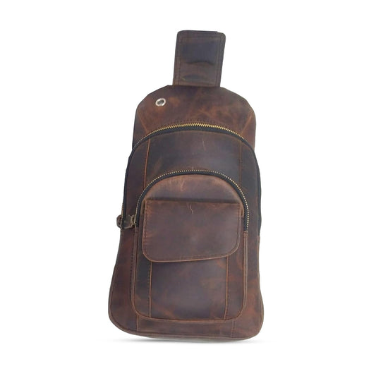 The Tannery Handmade Buffalo Leather Multipurpose Travel Hiking Crossbody Chest Backpack with Adjustable Shoulder Strap, Thanks Giving (Dark Brown, Large)