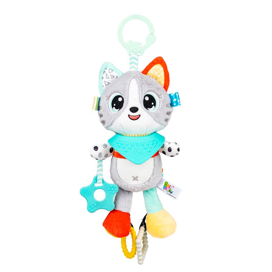 Balibazoo Luka The Cat Hanging Baby Toy – Soft Plush Sensory Toy with 3 BPA-Free Silicone Teethers, Crinkle Ears & Hidden Bell | Clip for Stroller, Car Seat, and Carrier | Developmental Toy 0-24M