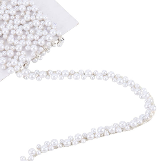 DELORIGIN 2 Yards Pearl Trim Chain String Silver Applique Fringe Ribbon Strips Beads Sewing Dress DIY Party Wedding Bouquet for Bridal Embellishment Sewing Applique Craft Halloween Dress Decor