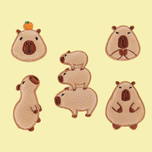 Embroidered Appliqué Capybara Kit 5 Pcs Iron On Appliques for DIY Crafts Floral Appliques for Clothes Cartoon Capybara Patches Perfect Craft Gifts for Kids Children Clothes Backpack Hat
