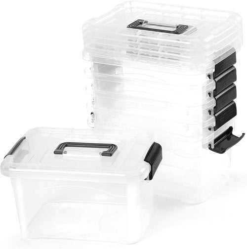 EOENVIVS Plastic Storage Bins - 7 Quart Stackable Organizer with Black Buckle Lids | Clear, 6 Pack for Home & Office