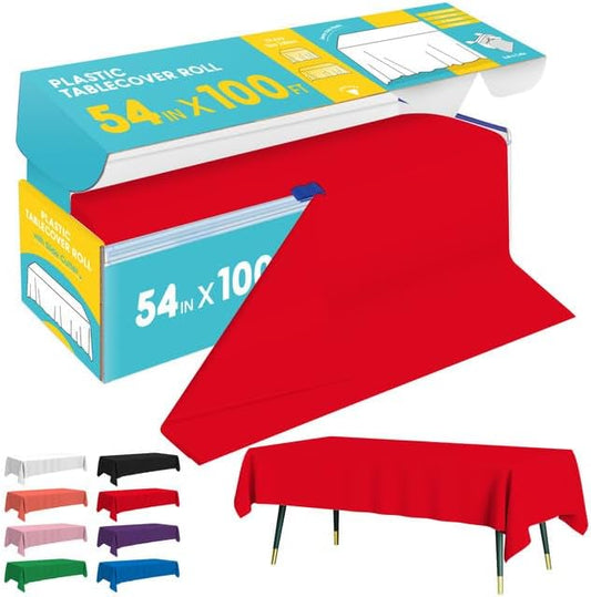 Niuara Red Plastic Table Cover Roll - 54" x 100FT | Disposable Table Cloth with Slide Cutter for Events