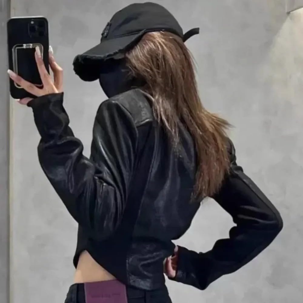 Y2K Retro Style Leather Jacket Long Sleeved T-Shirt Women's Fashion Patchwork Design Sense Short top (Black,Small)
