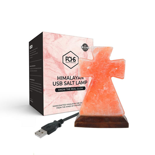 POHS Himalayan USB Mini Salt Lamp, 7 Color Changing LED Bulb, Hand Crafted Crystal Rock Salt Night Light for Home Decor, Desk, and Gift | Premium Quality Wood Base and USB Cable (Cross)