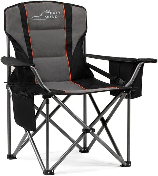 FAIR WIND Oversized Fully Padded Camping Chair with Lumbar Support, Heavy Duty Quad Fold Chair with Cooler Bag, Support 450 LBS, Black