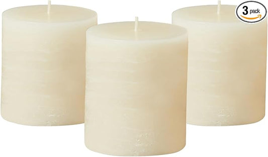 Simply Soson 3x3 inch Ivory Pillar Candles Set of 3, Rustic Texture, Unscented Ivory Candles, Dripless Candles, 3 inch Pillar Candles Ideal as Wedding, Parties, Spas, Dinner, Home Decoration, Church