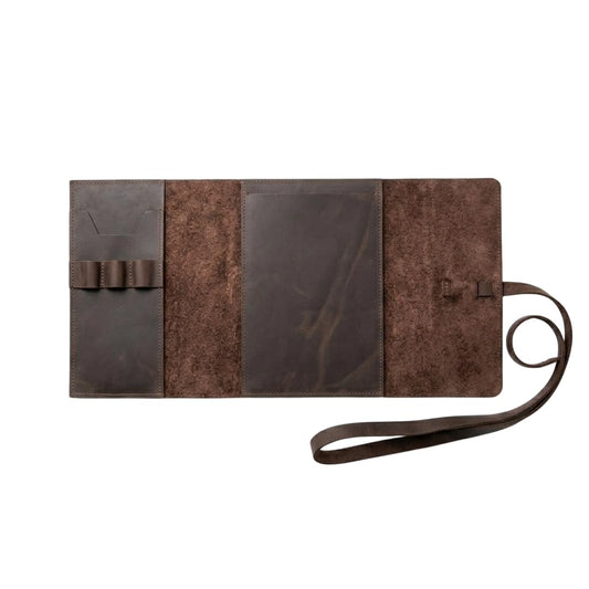 TORAKIP Leather Sketchbook Cover A5 – Refillable Notebook Holder with Pen Loops & Strap Closure, Genuine Leather Journal Cover for Artists & Writers, Fits 5.8" x 8.3" (Paper Not Included), Brown