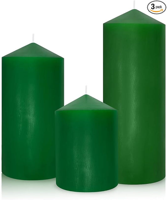 Set of 3 Different Size Green Pillar Candles, Unscented Dripless Large 3x4 3x6 3x8 Inch Long Lasting Cylinder Column Wax Candles for St. Patrick's Day Home Table Decor Power Outage Emergency