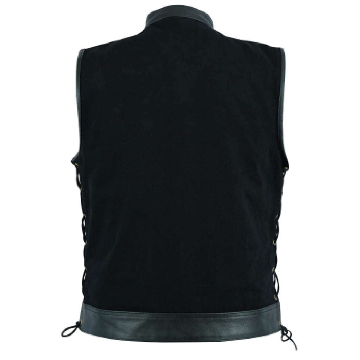 Leatherick Mens Side Lace Black Denim Vest with Leather Trims for Motorcycle Bikers (XL)
