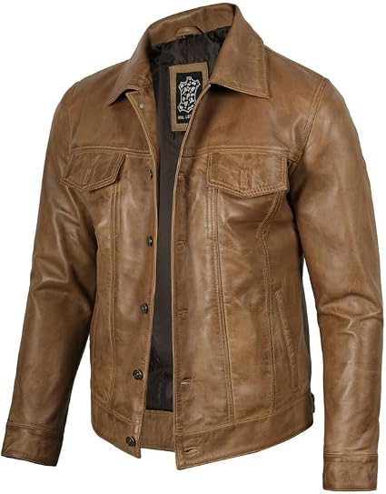 Blingsoul Brown Leather Trucker Jacket Men | [1107375] Fernando Camel Wax, XL