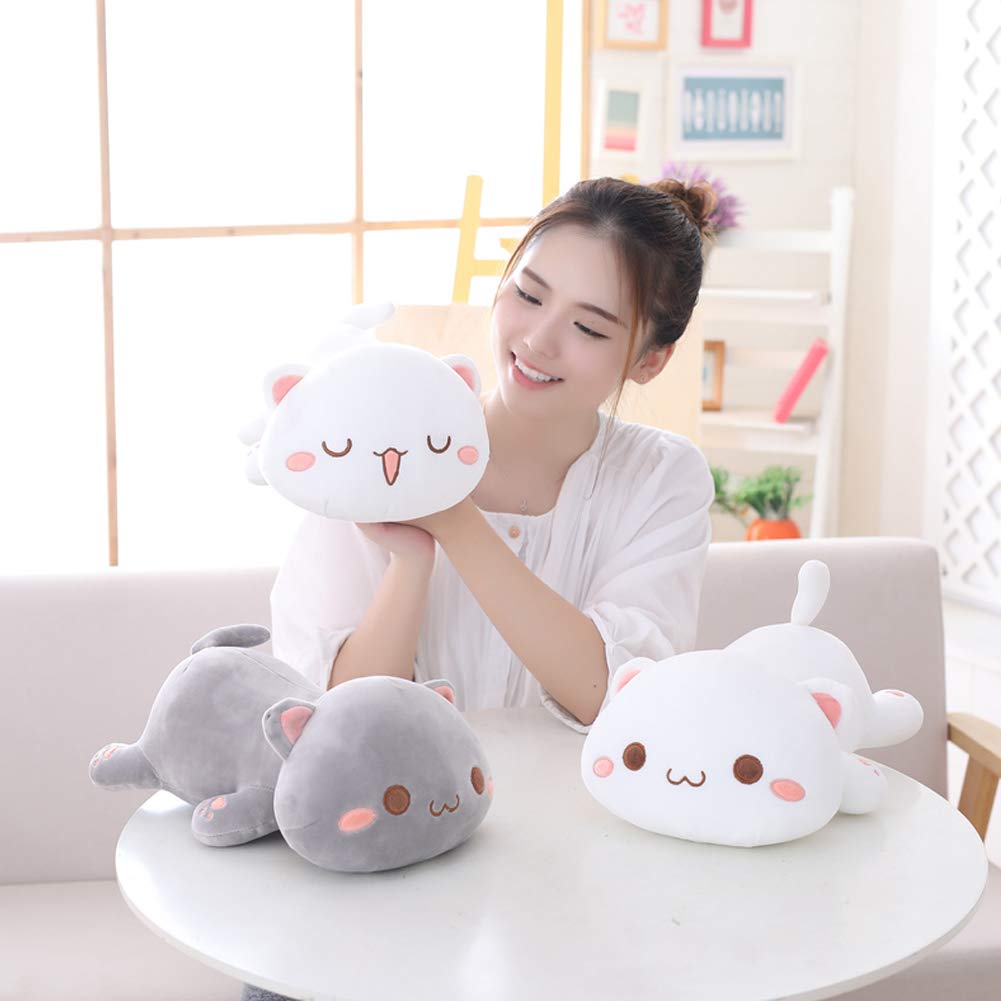 Jensquaify Cat Stuffed Animals, Soft Cat Plush Pillow Kawaii Kitten Stuffed Animal Toy Gifts for Kids (Grey Round Eyes, 13.7")
