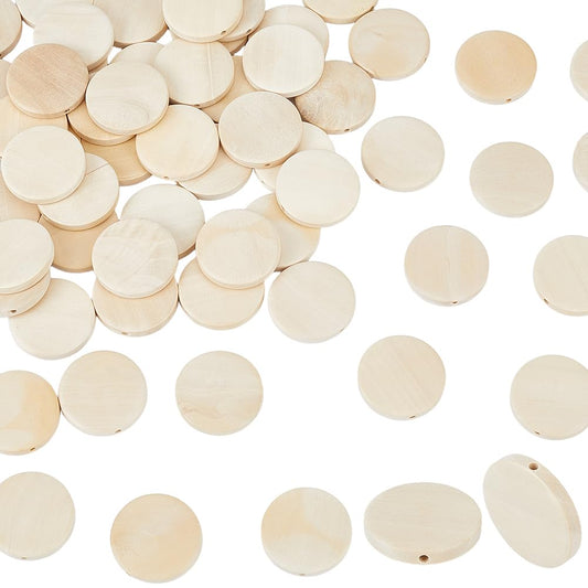 PONABEADIY 30MM 60PCS Unfinished Wooden Beads with Hole Natural Flat Wood Coin Flat Round Circle Macrame Slices Loose Spacer Bead Bulk for Jewelry Making Tassel Garland Home Decor DIY Crafts Supply