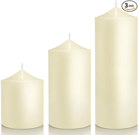 Pillar Candles 3 x 4, 6, and 8 inches, Large Handmade Candles Set of 3, Ivory Decorative Candles for Wedding, Home Decoration, Dinner, Church