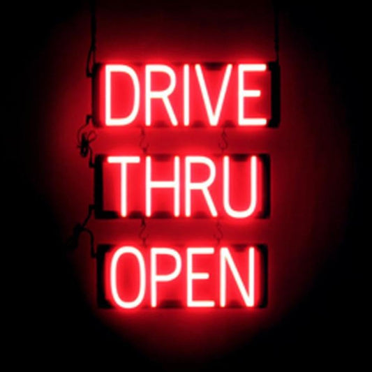 SpellBrite DRIVE THRU OPEN Sign for Business | Open Signage with Neon Look, Red LED Light Source | 18.0" x 23.8"