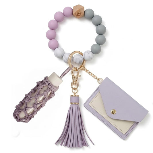 BIHRTC Keychain Bracelet with Leather Card Wallet Hand Made Dream Weaving Lipstick Holder Silicone Bead Key Ring Bracelet Bangle Purse Card Key Holder for Women Wristlet Keychain