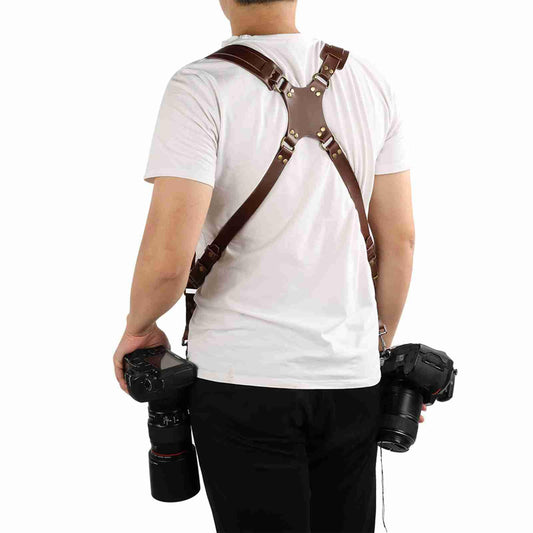 MEKOTRIN Dual Camera Harness & Leather Shoulder Strap Comfortable Carry for Two Cameras, Ideal for Hiking, Weddings and Travel, Adjustable 1/4" Standard Screw Compatibility (Shoulder Width: 13"-20")