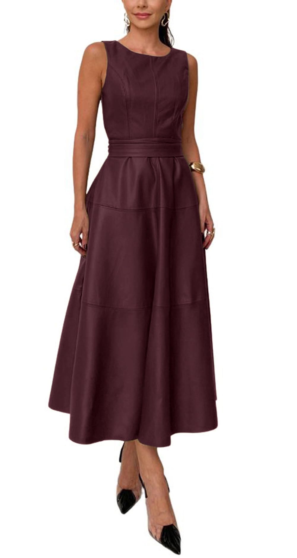 CHARTOU Women PU Faux Leather Sleeveless Elegant Flowy Long Dress Party Night Out Dress with Belt (Large, Red)
