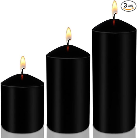 Pillar Candles 3 x 4, 6, and 8 inches, Large Handmade Candles Set of 3, Black Decorative Candles for Wedding, Home Decoration, Dinner, Church