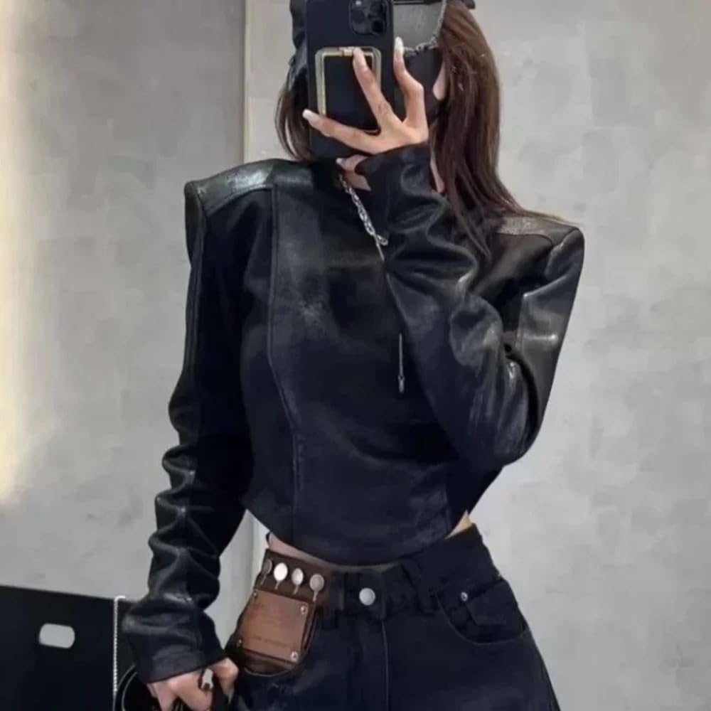 Y2K Retro Style Leather Jacket Long Sleeved T-Shirt Women's Fashion Patchwork Design Sense Short top (Black,Small)