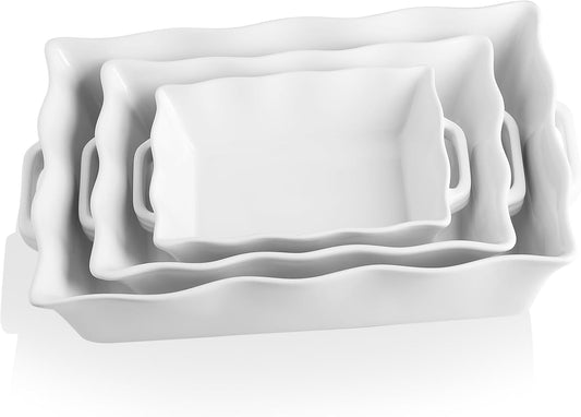 Sweejar Casserole Dishes - Ceramic Bakeware Set of 3 with Handles | Rectangular Wave Edge Lasagna Pan (White)