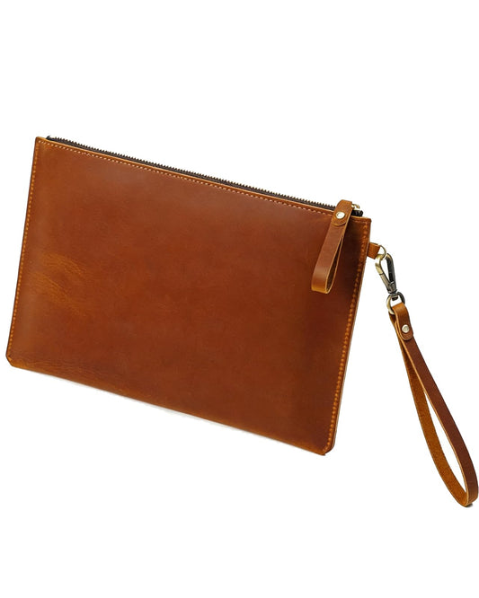 Inkfew Genuine Leather Wristlet for Women and Men, Leather Clutch Business Briefcase Tablet Sleeve Bag with Zip Closure