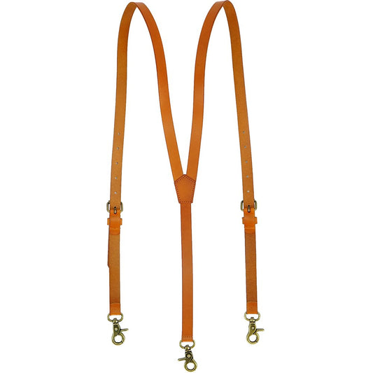 Lawevan Men's Brown Shiny Genuine Leather Suspenders, Steampunk Style Y back Adjustable Belt Loop, 3 Snap Hooks