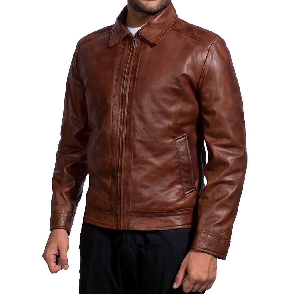 Mens Leather Jacket - Real Lambskin Classic Vintage Style Leather Jackets For Men Brown Leather Jacket for Mens (US, Alpha, X-Large, Regular, Regular, Brown)