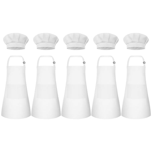 Bouiexye 5 Set Kids Apron and Chef Hat Set Children Apron Adjustable with 2 Pockets Children Chef Painting for Cooking Baking Painting Crafts Making (White