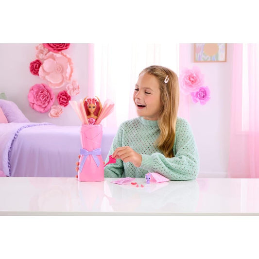 Barbie Petal Pop Scented Doll with Rose Dress & Accessories, Bouquet Reveal with Pet Bunny & Surprises Like Watering Can, Necklace & Earrings