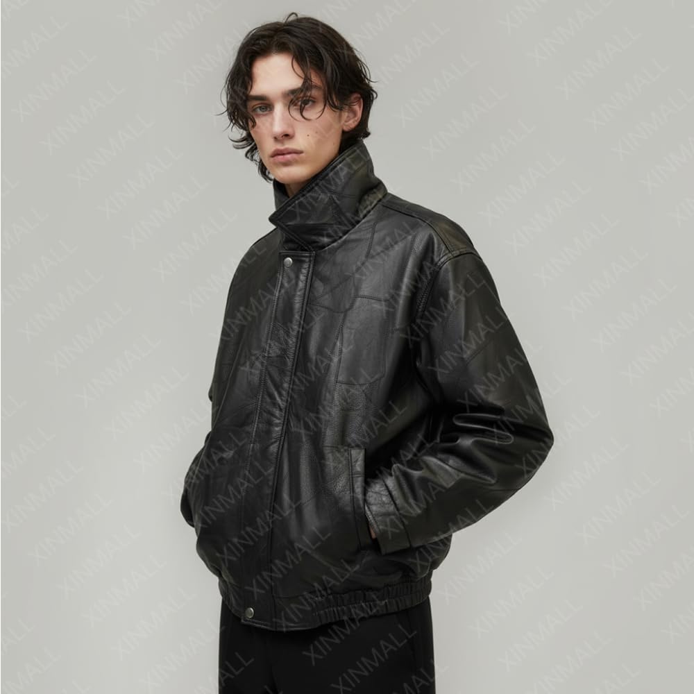XINMALL Men’s Genuine Leather Motorcycle Jacket Black Bomber Style Zip-Up Baseball Collar Biker Leather Coat (US, Alpha, 3X-Large, Regular, Regular)
