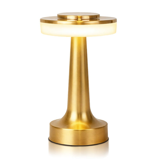 JHPGEOE Cordless Metal Desk Lamp, Touch Sensor Control LED Table Lamp, 3 Color Stepless Dimmable Battery Powered Lamp for Living Room, Dorm, Home Office (Gold)