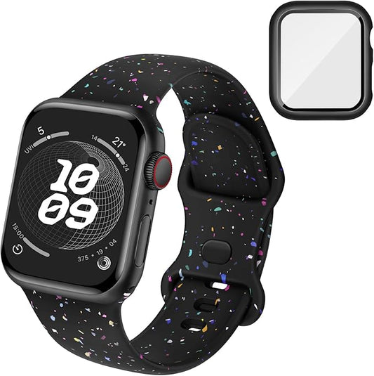 Compatible for Apple Watch Band 44mm 45mm and Case with Screen Protector, Soft Silicone Sport Strap Bands and Protective Cover with Tempered Glass for iWatch Series 9 8 7 SE 6 5 4