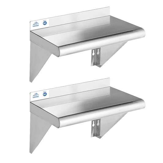 ROCKPOINT Stainless Steel Shelf 10 x 16 Inches 190lb, 2 Pack NSF Metal Commercial Shelves Wall Mount Floating Shelving with Backsplash for Restaurant, Kitchen, Home and Hotel, Silver