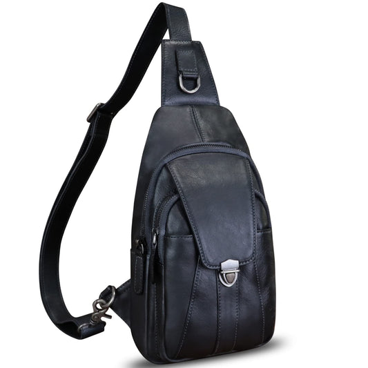LRTO Genuine Leather Sling Bag for Women and Man Handmade Retro Hiking Crossbody Backpack Purse Chest Shoulder Daypack (Black)