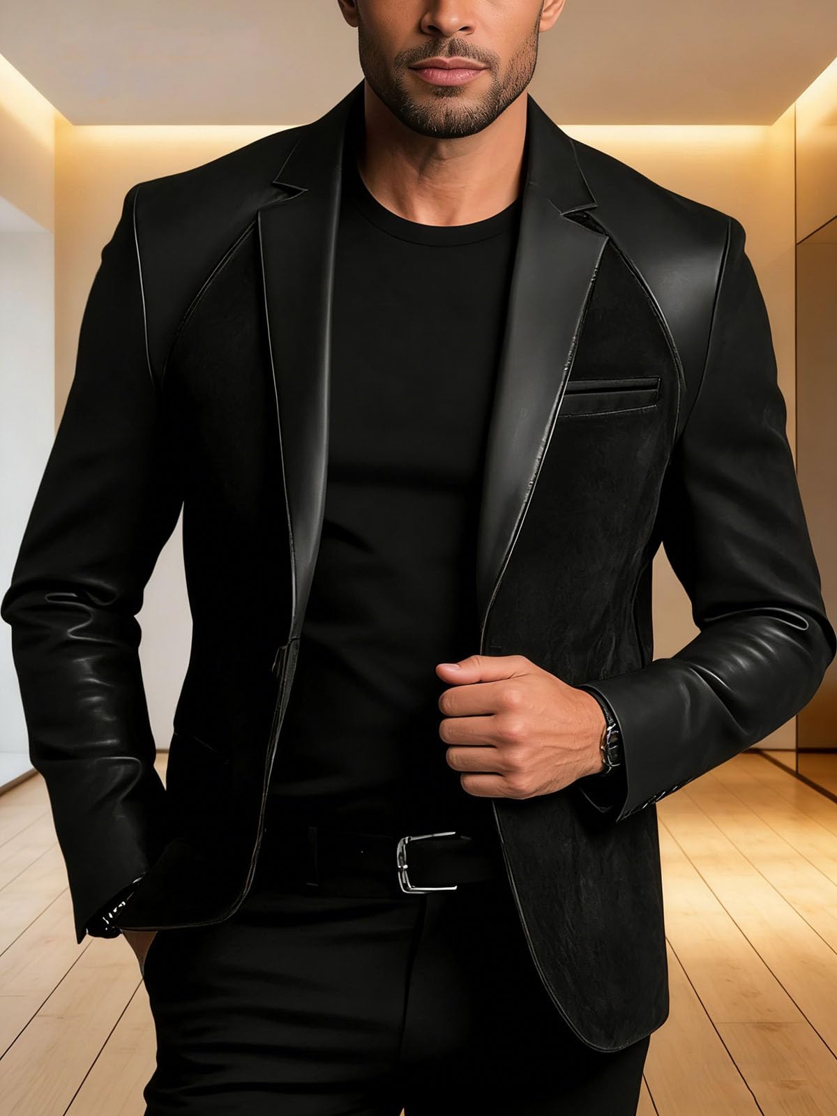 Men's Suede Blazer Patchwork Two-Tone Sports Coat PU Leather Sleeves Collar Sport Jacket Black Champagne M