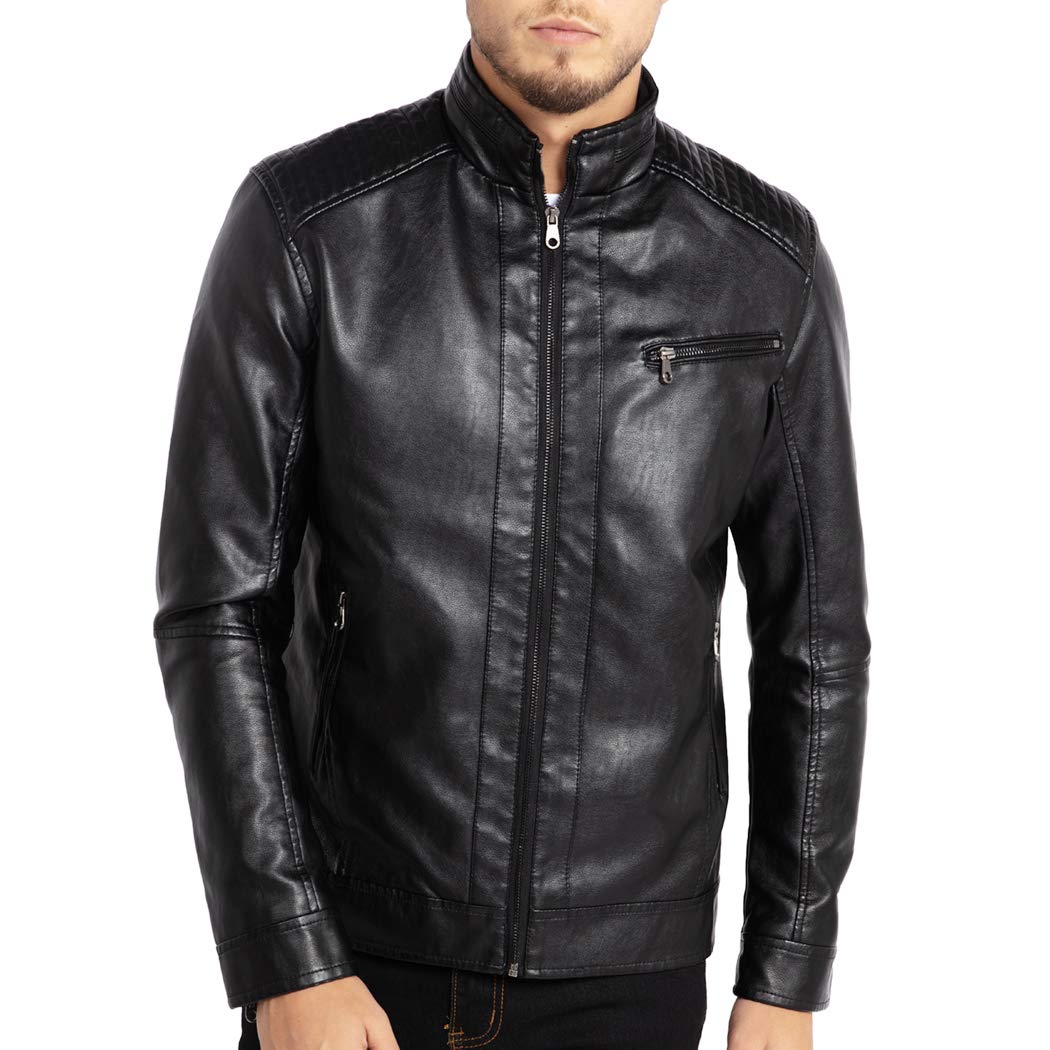 WULFUL Men's Stand Collar Leather Jacket Motorcycle Lightweight Faux Leather Outwear