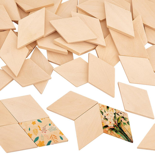 OLYCRAFT 50PCS Wood Pieces - Unfinished Natural Wood Rhombus Cutout Shape Blank Slices for DIY Crafts & Holiday Decoration - 2.3x1.3x0.2 Inch