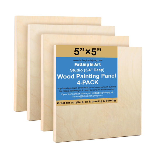 Falling in Art Unfinished Birch Wood Panels Kit for Painting, Wooden Canvas 4 Pack of 5x5’’ Studio 3/4’’ Deep, Cradle Boards for Pouring, Art, Crafts, Burning and More