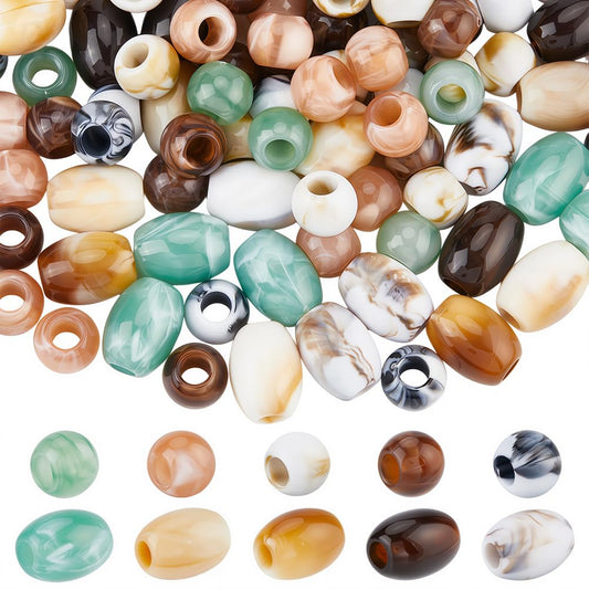 PONABEADIY 1 Box 150PCS Acrylic Large Hole Hair Beads Round Oval Opaque European Imitation Painted Stone Loose Spacer Polished Barrel Macrame Bead Bulk for Jewelry Making Bracelet Necklaces DIY Craft