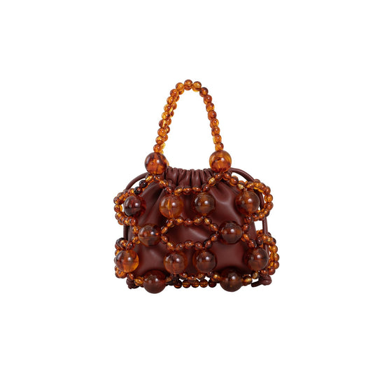 frrbuu Women's brown leather shoulder bag with amber bead decoration, Bohemian women's crossbody bag, cute little handbag (brown)