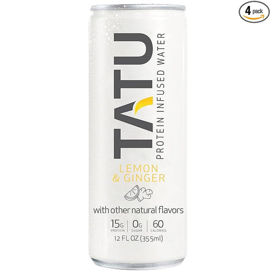 TATU Ready-To-Drink Protein Infused Water Lemon Ginger 4 Pack. 15 grams of whey protein isolate, 0 grams of sugar, only 60 calories. Lemon Ginger and Orange Mango. Gluten Free, lactose free.