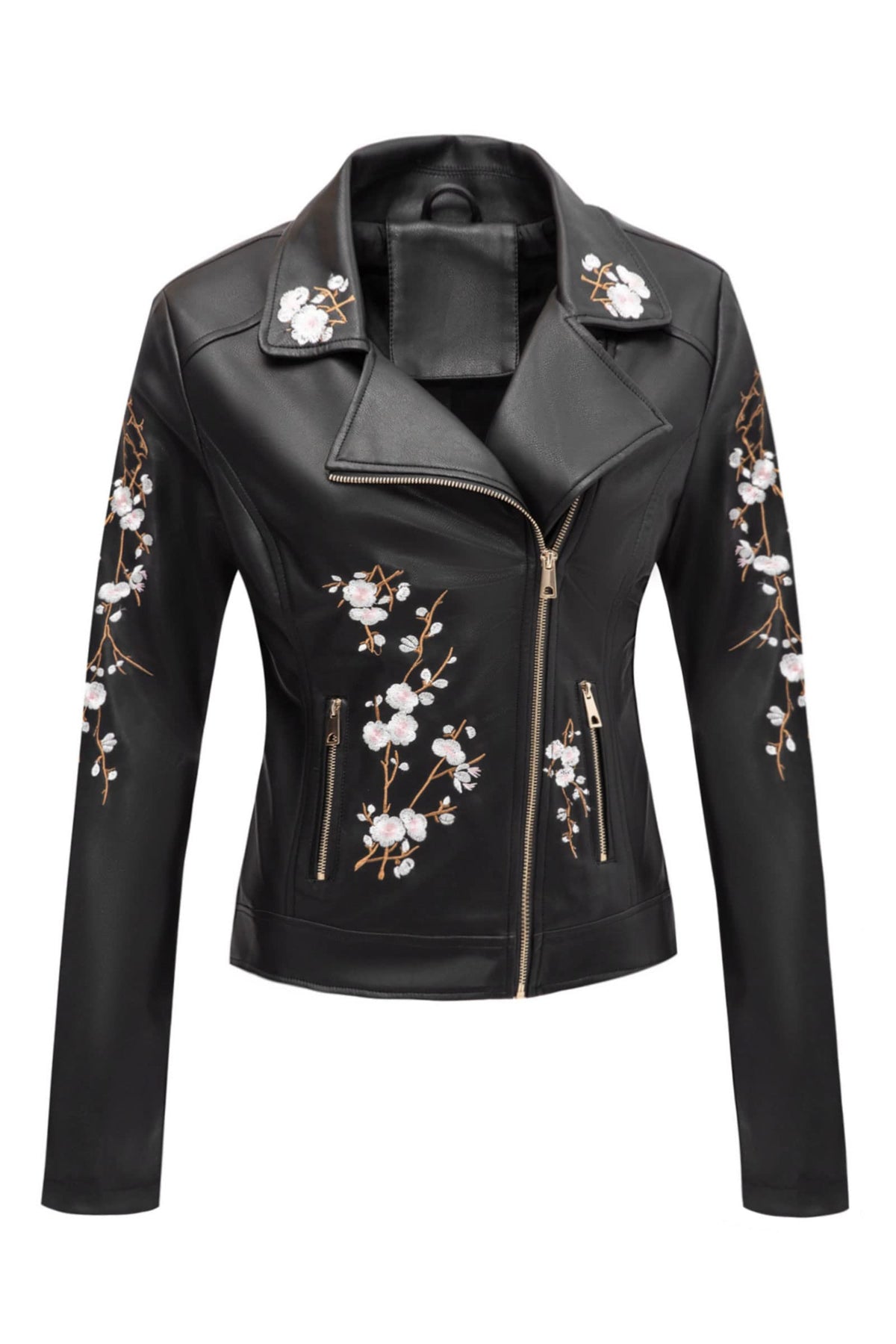 Bellivera Women's Faux Leather Embroidered Casual Lapel Jacket Floral Lightweight Moto Biker Coat for Spring Fall 1702021 Black XXL