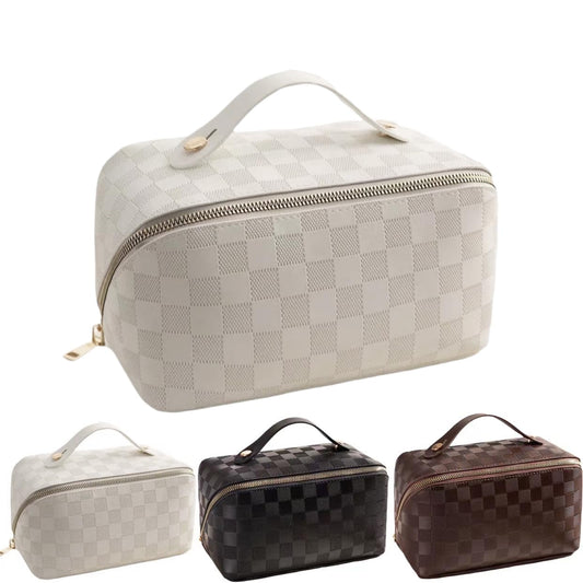 BIVIZKU Checkered Makeup Bag,180° Flat Open Cosmetic Bag for Women,Large Capacity Travel Toiletry Bag with Brush Pouch,Waterproof PU Leather Make Up Organizer for Skincare & Makeup (white-checkered)