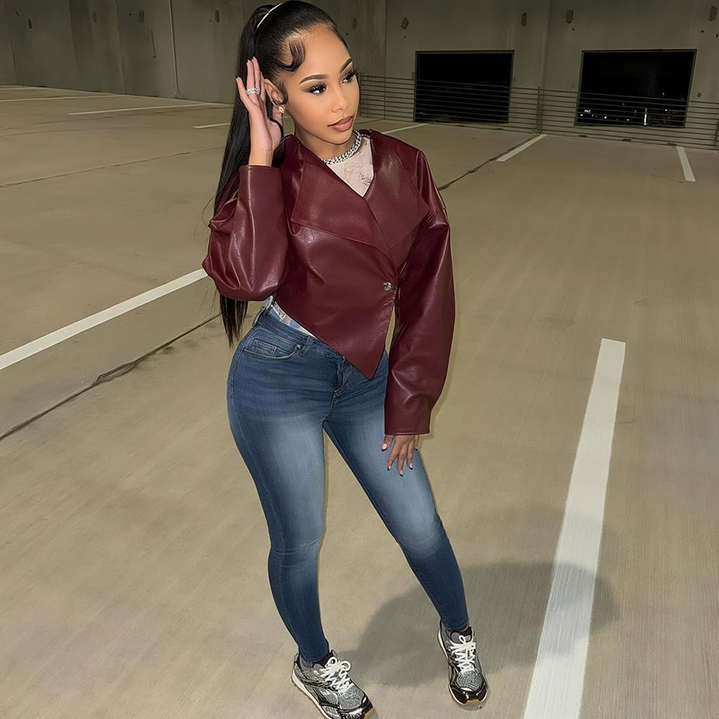 RISCUYY Burgundy Jacket Women Faux Leather Iregular Hem Crop Coat Trendy Long Sleeve Bomber Cropped Leather Jacket Women